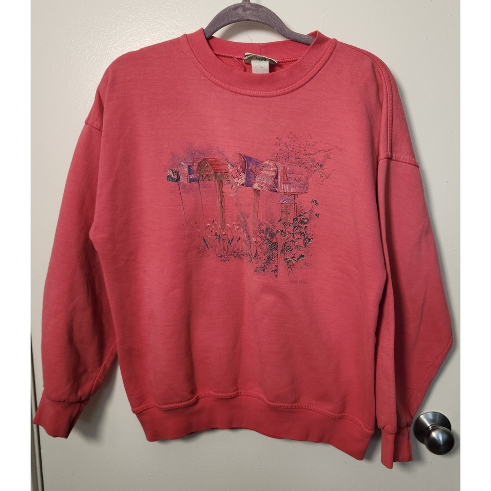 Vtg Northern Reflections Med Rose Pink Crewneck Sweatshirt Mailboxes Wildflowers